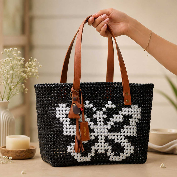 Handwoven Black Koodai Tote Bag with White Butterfly Motif