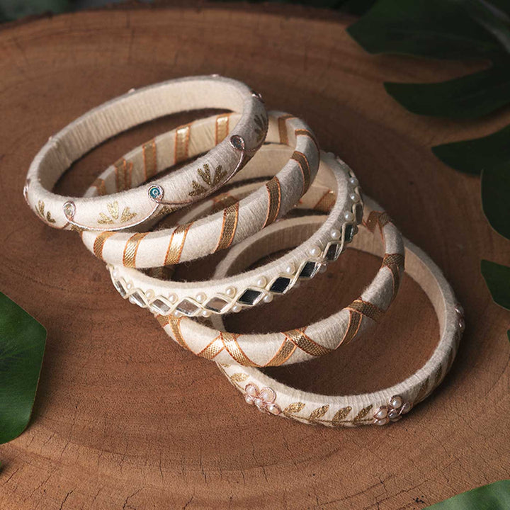 Off White Handcrafted Gotta Patti Beaded Bangles | Set of 5