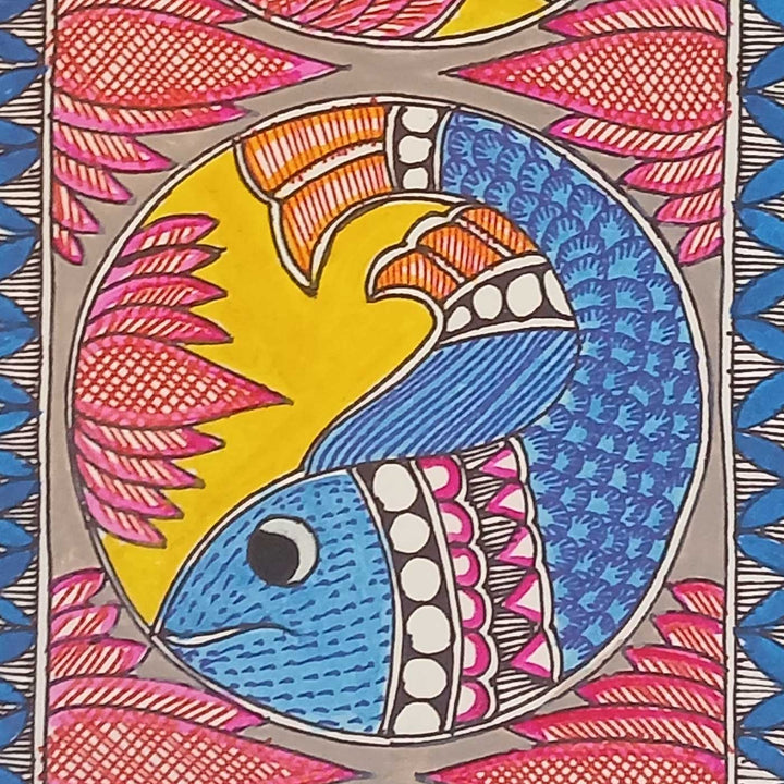 16 x 6 Inch | Fishes & Lotus | Original Hand Painted Madhubani Painting | Acrylic Paints On Paper