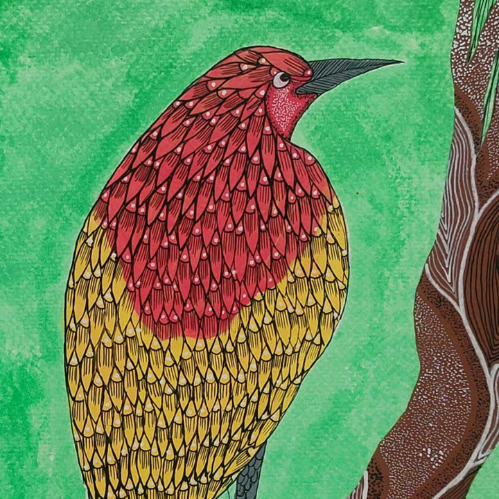 16 x 23 Inch | Tree Guardian Bird | Original Hand Painted Tribal Gond Art Painting | Acrylic Paints On Paper