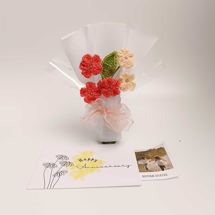 Handmade Crochet Coral Blossom Mini Flower Bouquet | Includes Photo & Greeting Card