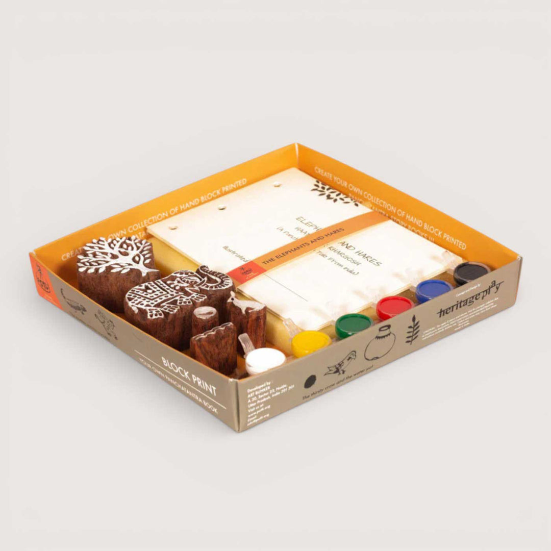 The Elephants and Hare Panchatantra Block Printing DIY Kit | 5 Stamps, Poster Colours, Painting Brush, Printing Pads, Story Cards  And Jute String