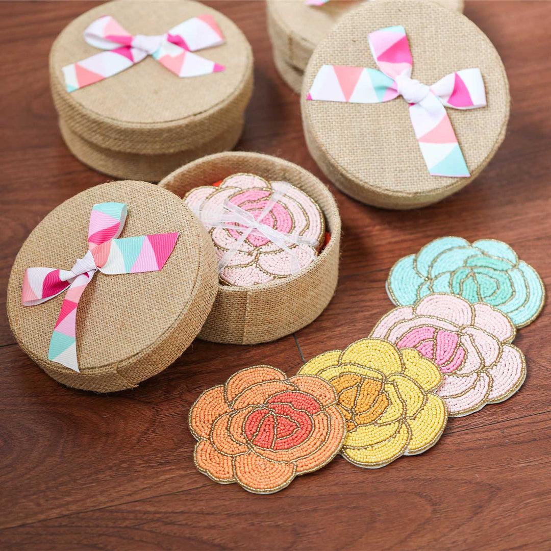 Handmade Beaded Rose Theme Jute Coaster Set | Set Of 4