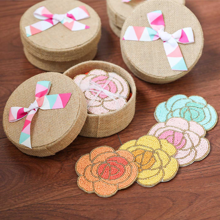 Handmade Beaded Rose Theme Jute Coaster Set | Set Of 4