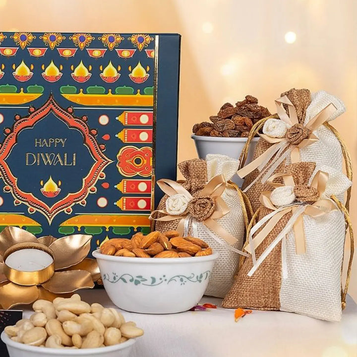 Personalized Diwali Gift Hamper | Includes 1 Ceramic Mug, 3 Dry Fruit Potlis, 1 Golden Diya, 1 Greeting Card