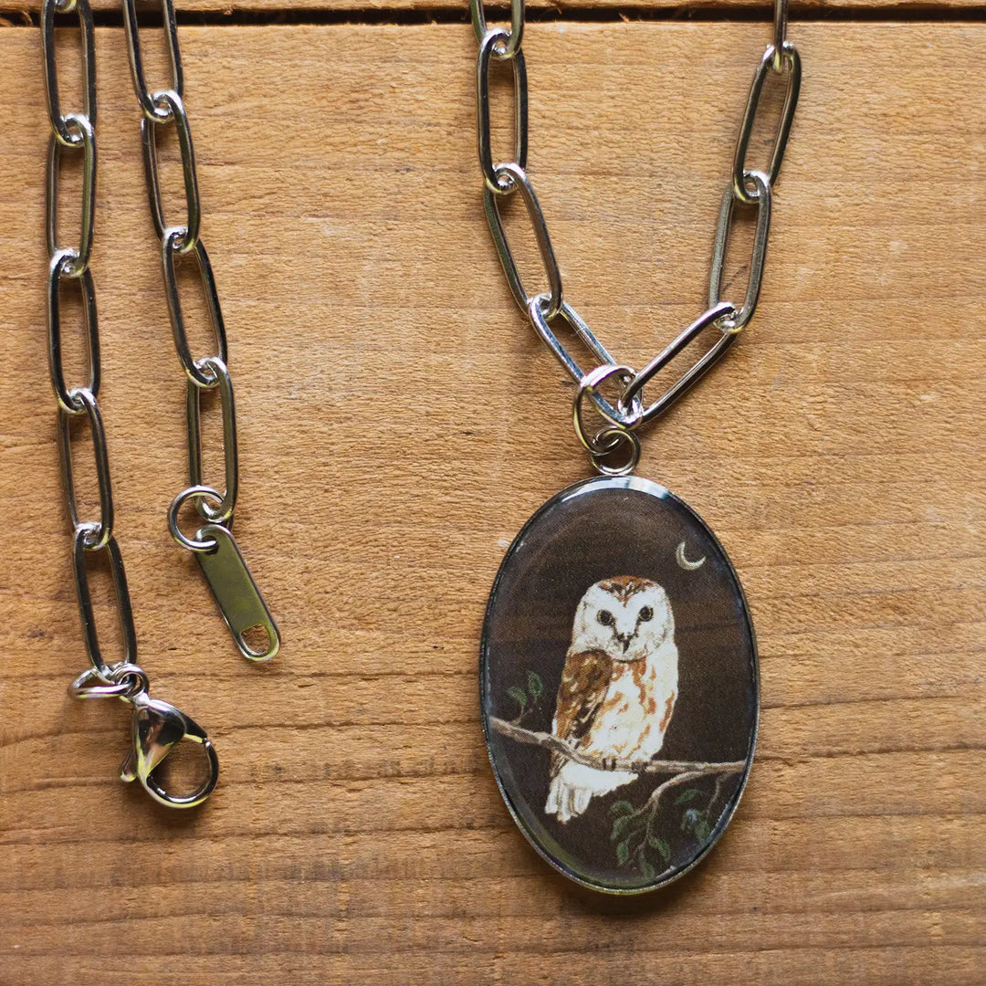 Illustrated Night Theme Owl Design Resin & Stainless Steel Necklace