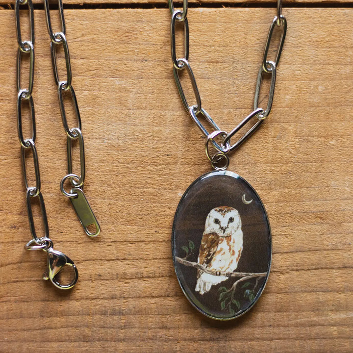 Illustrated Night Theme Owl Design Resin & Stainless Steel Necklace