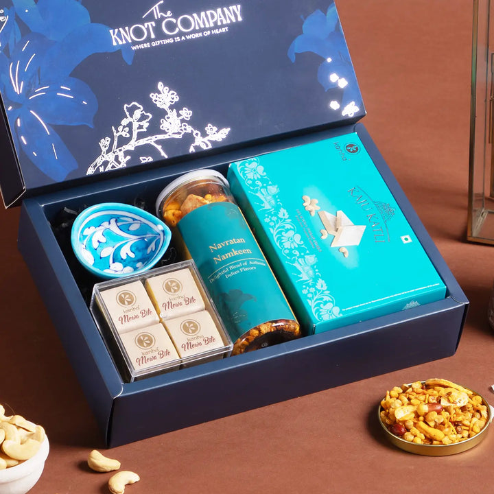 Bluetiful Festive Treats Diwali Gift Hamper | Includes 1 Diya, 1 Namkeen Jar, 1 Kaju Katli Box, 4 Mewa Bites, 1 Gift Box