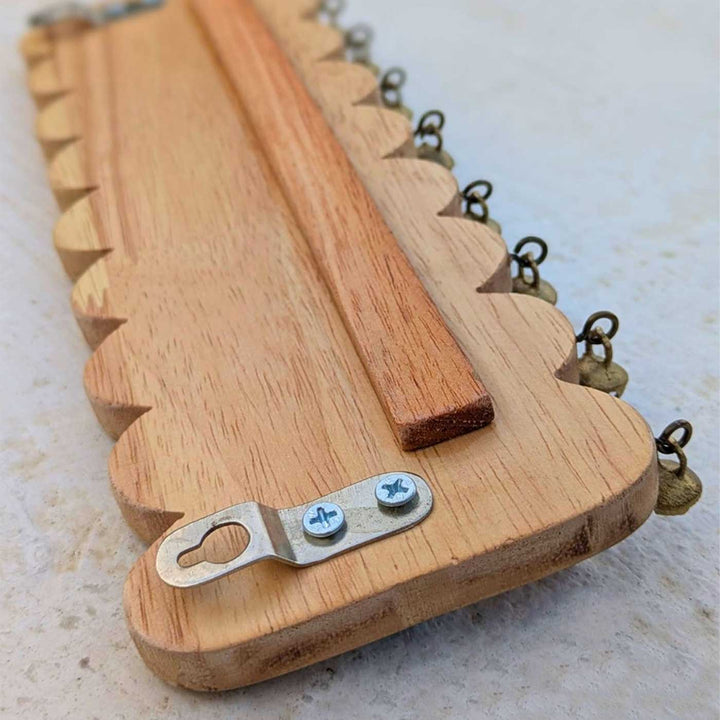 Hand-Painted Diamond Chain Kolam Rubber Wood Wall Key Holder with 5 Hooks and Bells