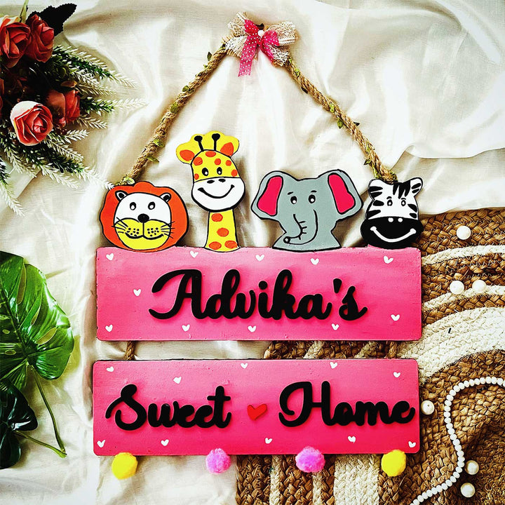 Personalized Hand Painted Wild Animals Themed Mdf Wood Kids Name Plate - Front View Hanging Sign with Rope