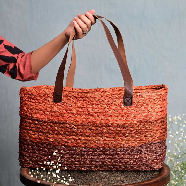 Handmade Grass Woven Three Colored Strips Sabai Mesh Handbag