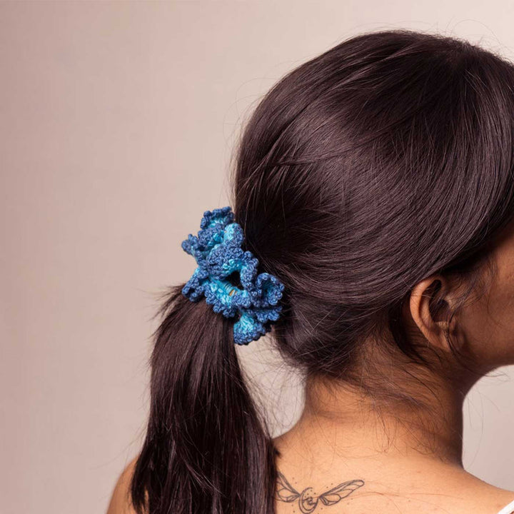 Handmade Crochet Guncha Yellow Blue Pop Cluster Scrunchie | Set Of 2