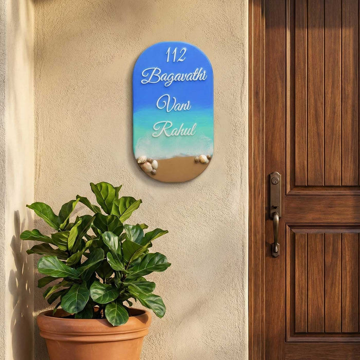 Personalized Blue Beach Theme Resin Vertical Name Plate For Family