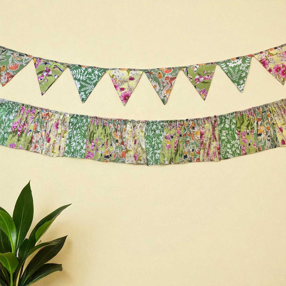Handmade Green Floral Upcycled Fabric Bunting & Garland | Set Of 2