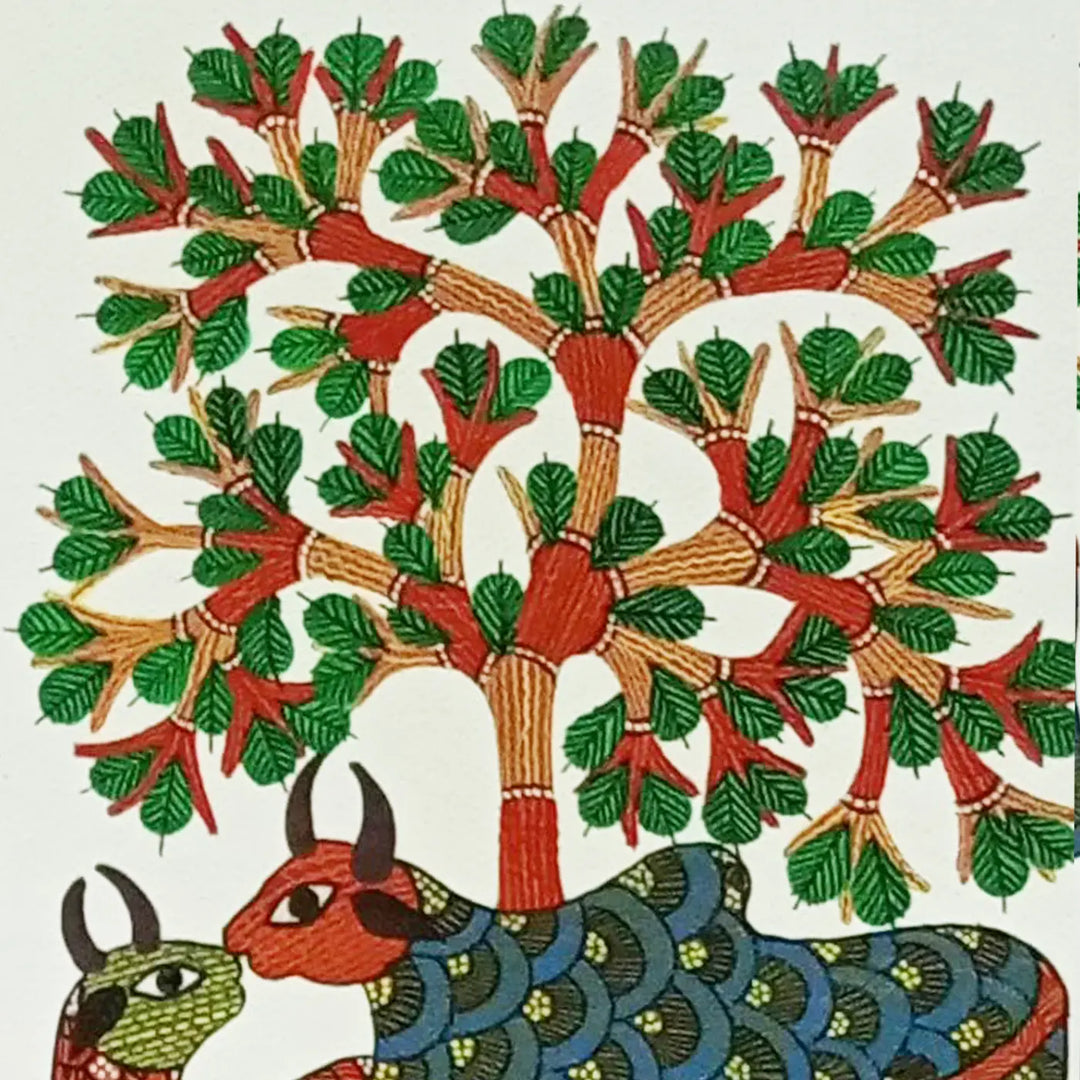 11 x 16 Inch | Two Resting Bulls | Original Hand Painted Tribal Gond Art Painting | Acrylic Paint On Paper