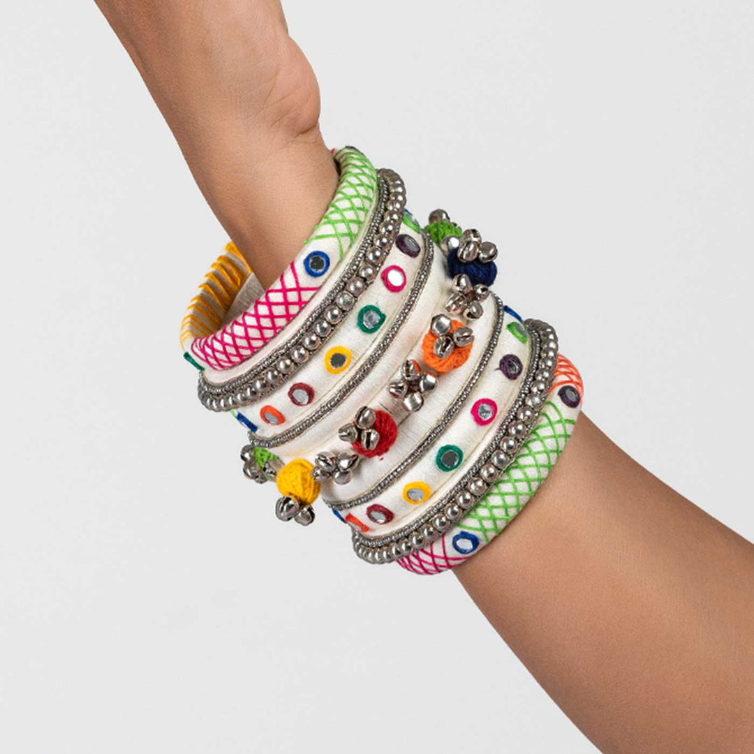 White Handcrafted Harika Ghungroo Embroidery Bangles | Set of 7