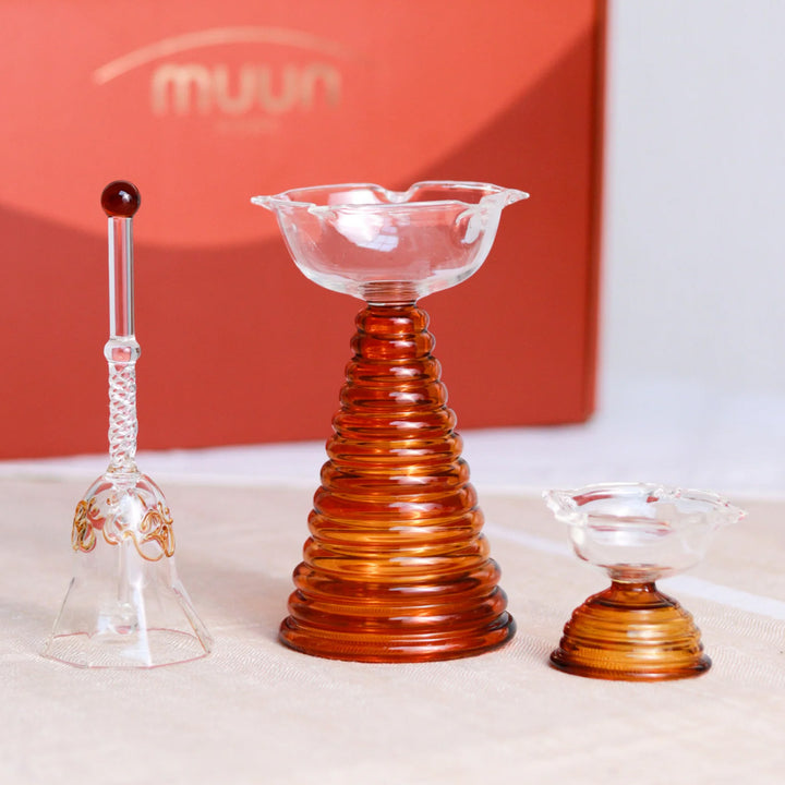 Handmade Festive Borosilicate Glass Diya & Bell Gift Hamper | Set Of 3