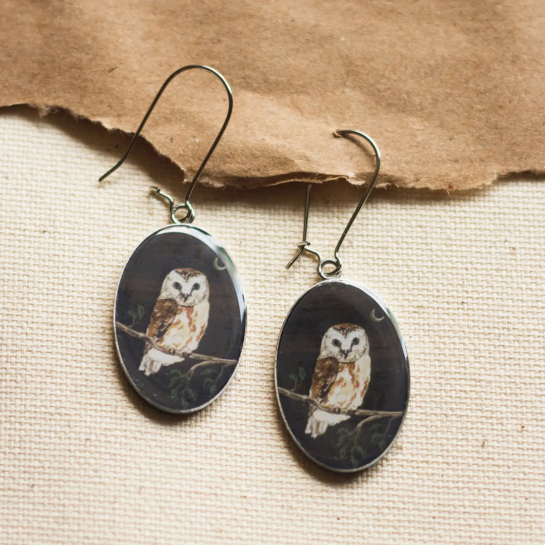 Illustrated Night Theme Owl Design Resin & Stainless Steel Earrings