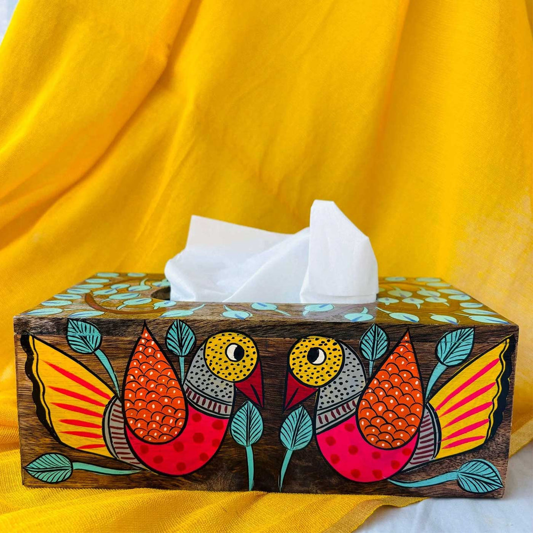 Hand-Painted Pattachitra Parinda Wooden Tissue Box