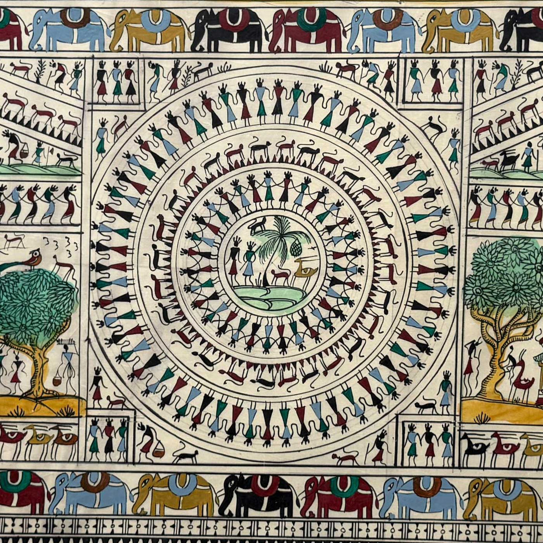 41 X 20 Inch | Handmade Tussar Silk Saura Mandala Painting