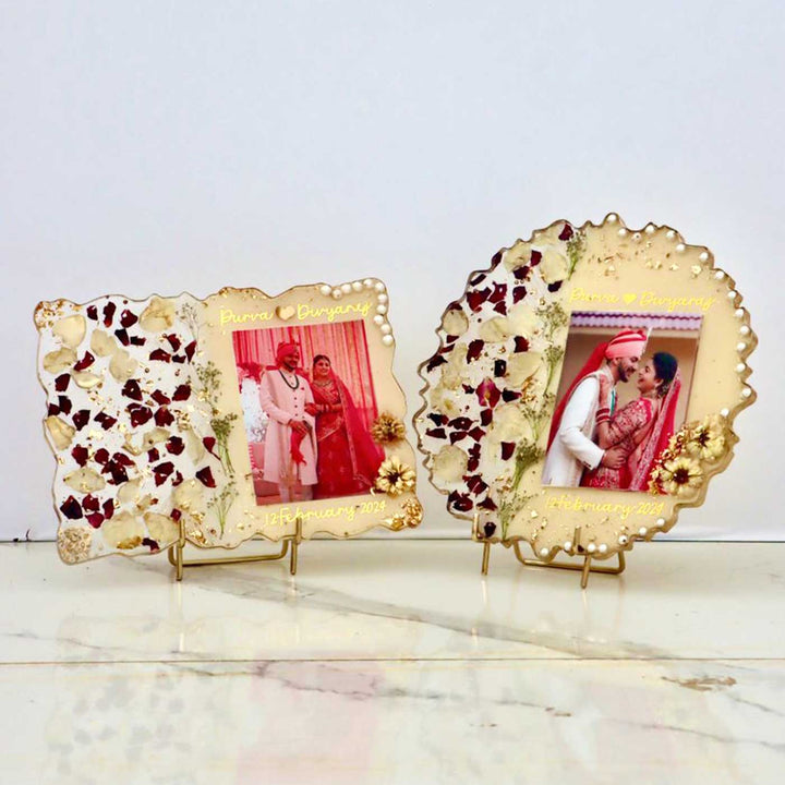 Photo Personalized Preserved Flower White & Gold Resin Wedding Plaque With Stand
