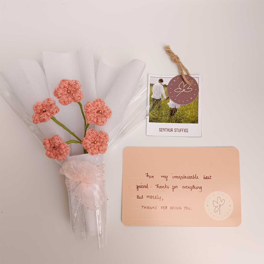 Handmade Crochet Peach Blossom Mini Flower Bouquet | Includes Photo & Greeting Card