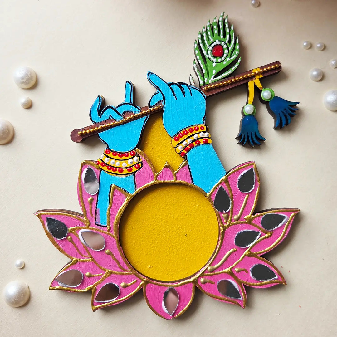 Hand-Painted Mirror Work Murli Manohar MDF Wood Tealight Holder