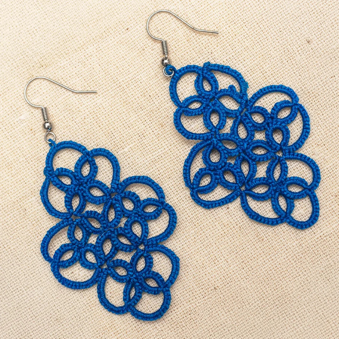 Handmade Tatting Blue Diamond Shaped Cotton Earrings