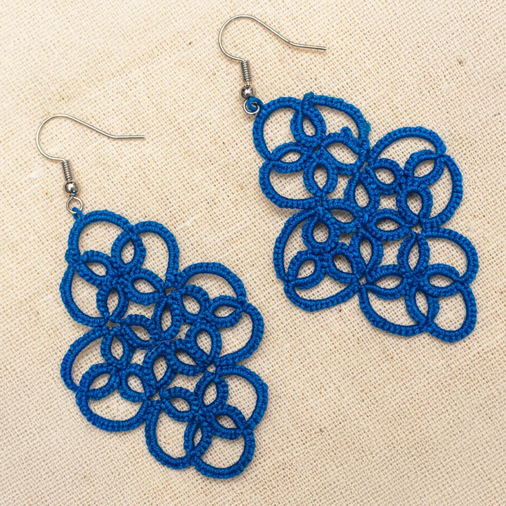 Handmade Tatting Blue Diamond Shaped Cotton Earrings