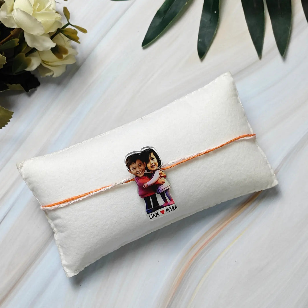 Photo Personalized Reusable Caricature Sibling Hug Theme Acrylic Kids Rakhi