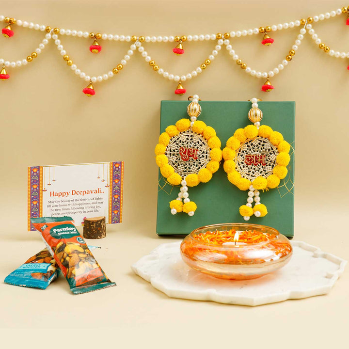 Handmade Jyoti Gift Hamper | Includes 1 Urli, 2 Dry Fruit, 1 Shubh Labh, 1 Bandarwar, 1 Card And 1 Box