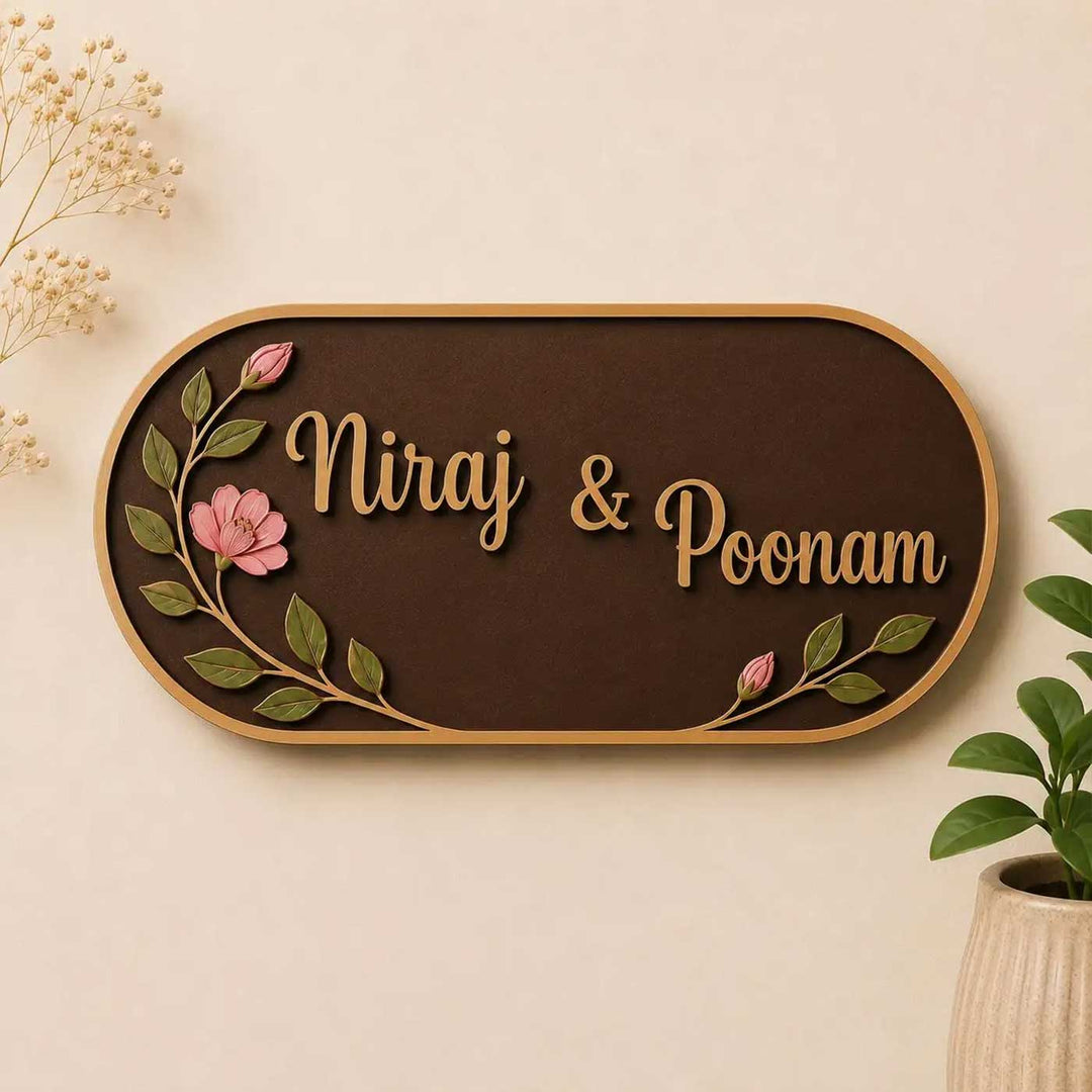 "Berry Floral" Handcrafted Personalized MDF Wood Name Plate With Pink Flower Motifs For Home