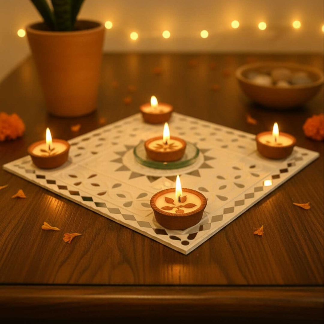 Handmade Mirror Work Saphed Shilp Clay Reusable Rangoli With 5 Terracotta Tealight Candles