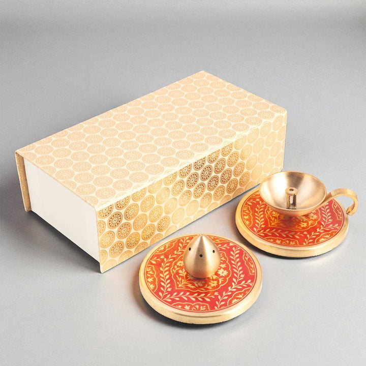 Hand-Painted Sanskaar Brass Gift Hamper | Includes 1 Diya, 1 Incense Holder And 1 Gift Box