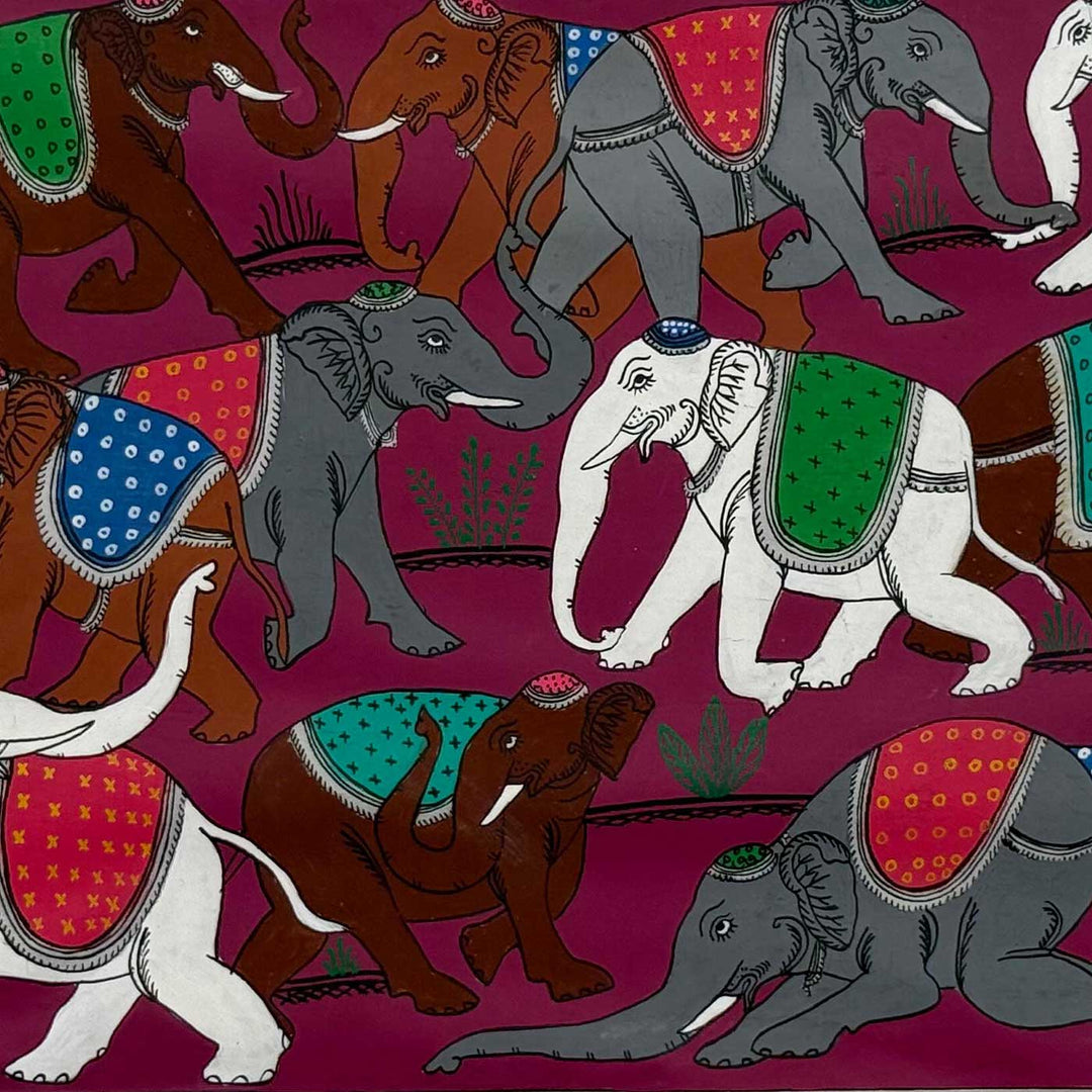 16 X 12 Inch | Handmade Silk Elephant Herd Painting
