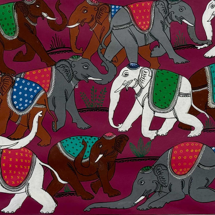 16 X 12 Inch | Handmade Silk Elephant Herd Painting