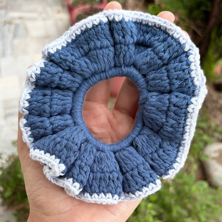 Handmade Crochet Blue Rushed Cotton Scrunchie