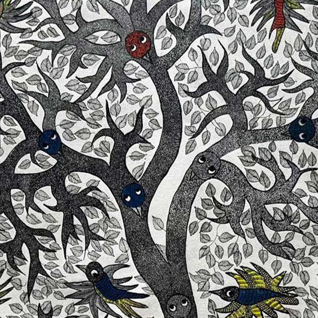 24 x 36 Inch | Elephant & Tree | Original Hand Painted Tribal Gond Art Painting | Acrylic Paints On Paper