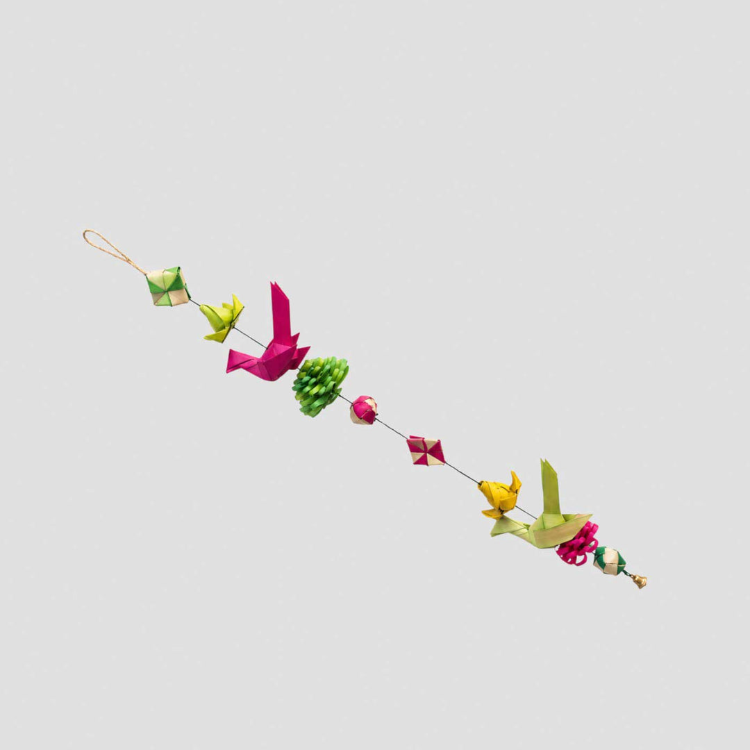2 Pc | Handcrafted Palm Leaf Lotus & Parrot String Hanging With Bells