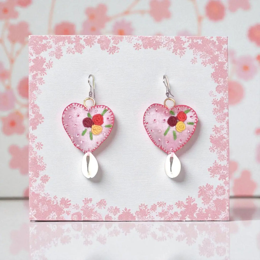 Handmade Textile Art Heart Shaped Dupion Silk Fabric Earrings