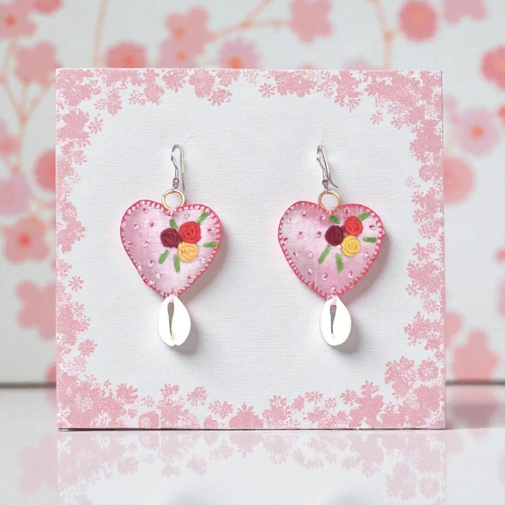 Handmade Textile Art Heart Shaped Dupion Silk Fabric Earrings