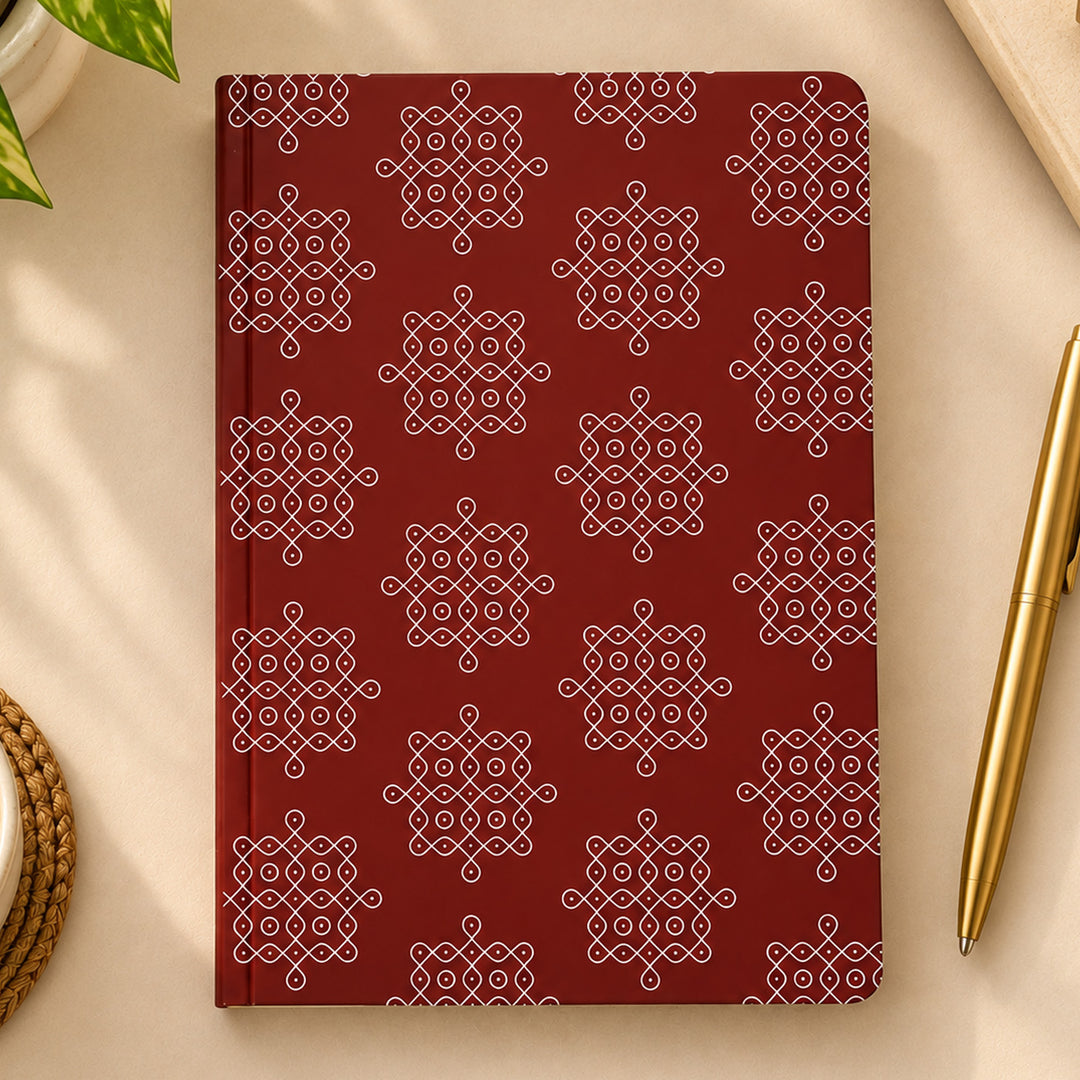 Maroon Kolam Pattern A5 Journal With Kanchipuram Weaves Heritage Cover For Festive Gifting