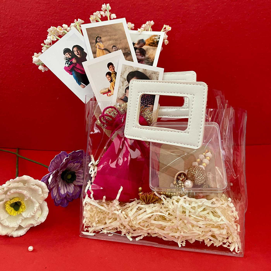 Photo Personalized Handmade Bouquet Design Rakhi Hamper Includes 5 Photos 1 Set Bhaiya Bhabhi Rakhi 1 Dry Frits Potli And 1 Roli Chawal - In Packaging with Clear Bag