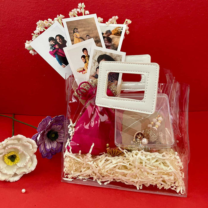 Photo Personalized Handmade Bouquet Design Rakhi Hamper Includes 5 Photos 1 Set Bhaiya Bhabhi Rakhi 1 Dry Frits Potli And 1 Roli Chawal - In Packaging with Clear Bag