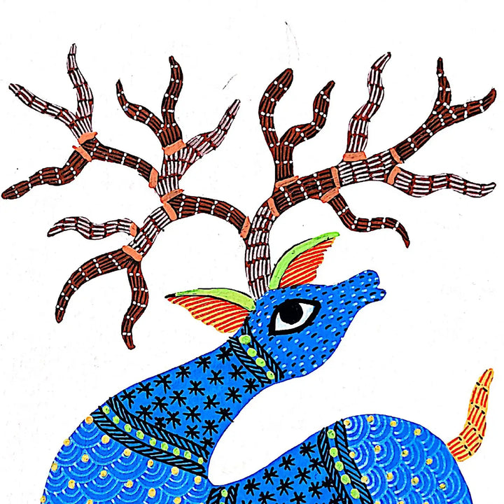 6 x 8 Inch | Blue Deer | Original Hand painted Tribal Gond Art Painting | Acrylic Paints On Paper