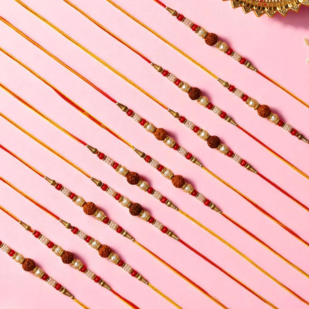 Handmade Rudraksha Dori Rakhi With Roli Chawal | Set Of 12