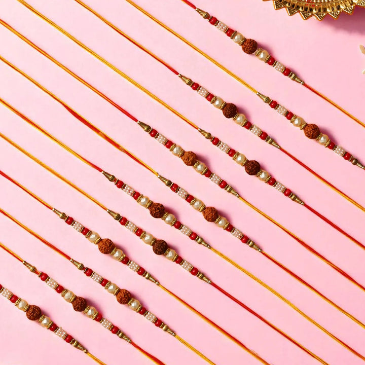 Handmade Rudraksha Dori Rakhi With Roli Chawal | Set Of 12