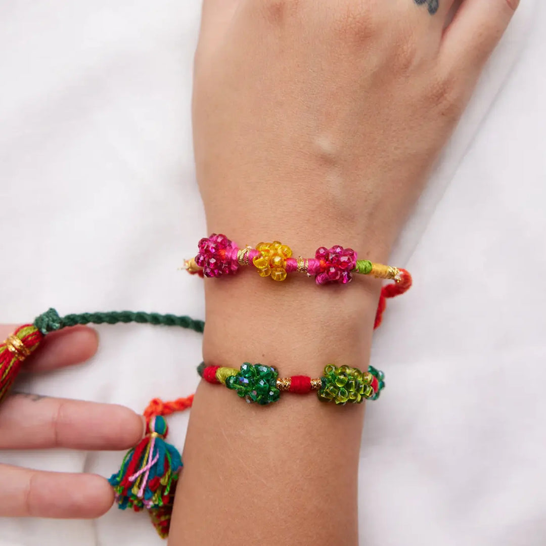 3 pc Rakhi + Brass Thali Set | Premium Khalbali Beaded Rakhi Set with Roli Chawal