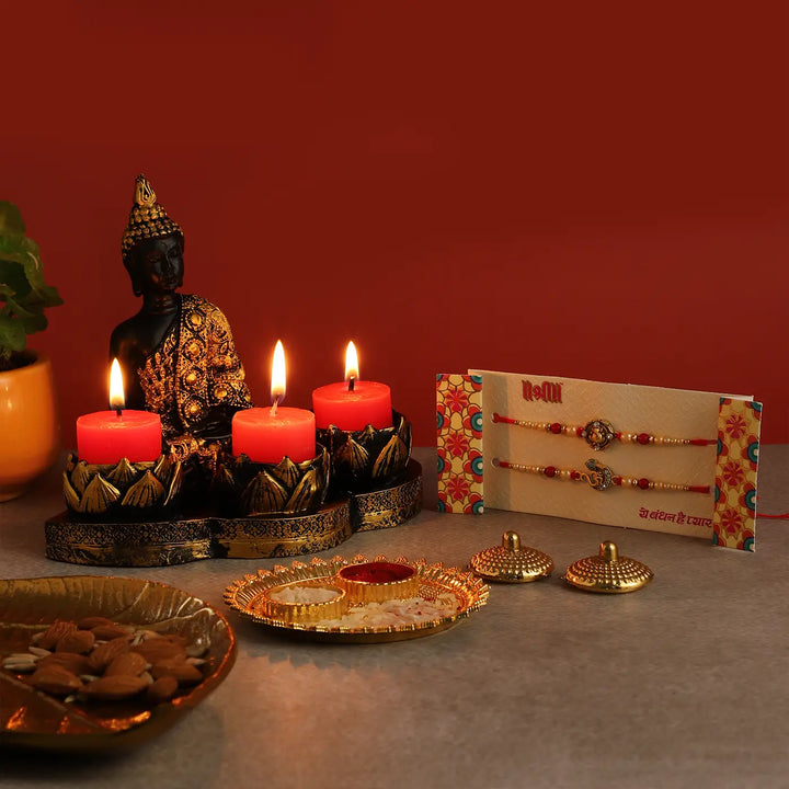 Handmade Festive Rakhi Hamper | Includes 1 Buddha Candle Holder, 1 Ganesha Rakhi, 1 Om Rakhi, 1 Roli Chawal