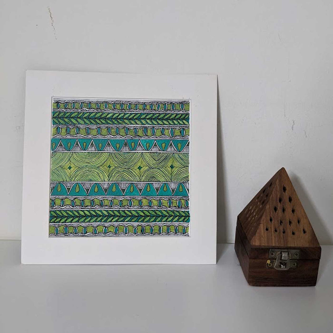 8 x 8.5 Inch | Traditional Green Madhubani Style Drawing With Frame